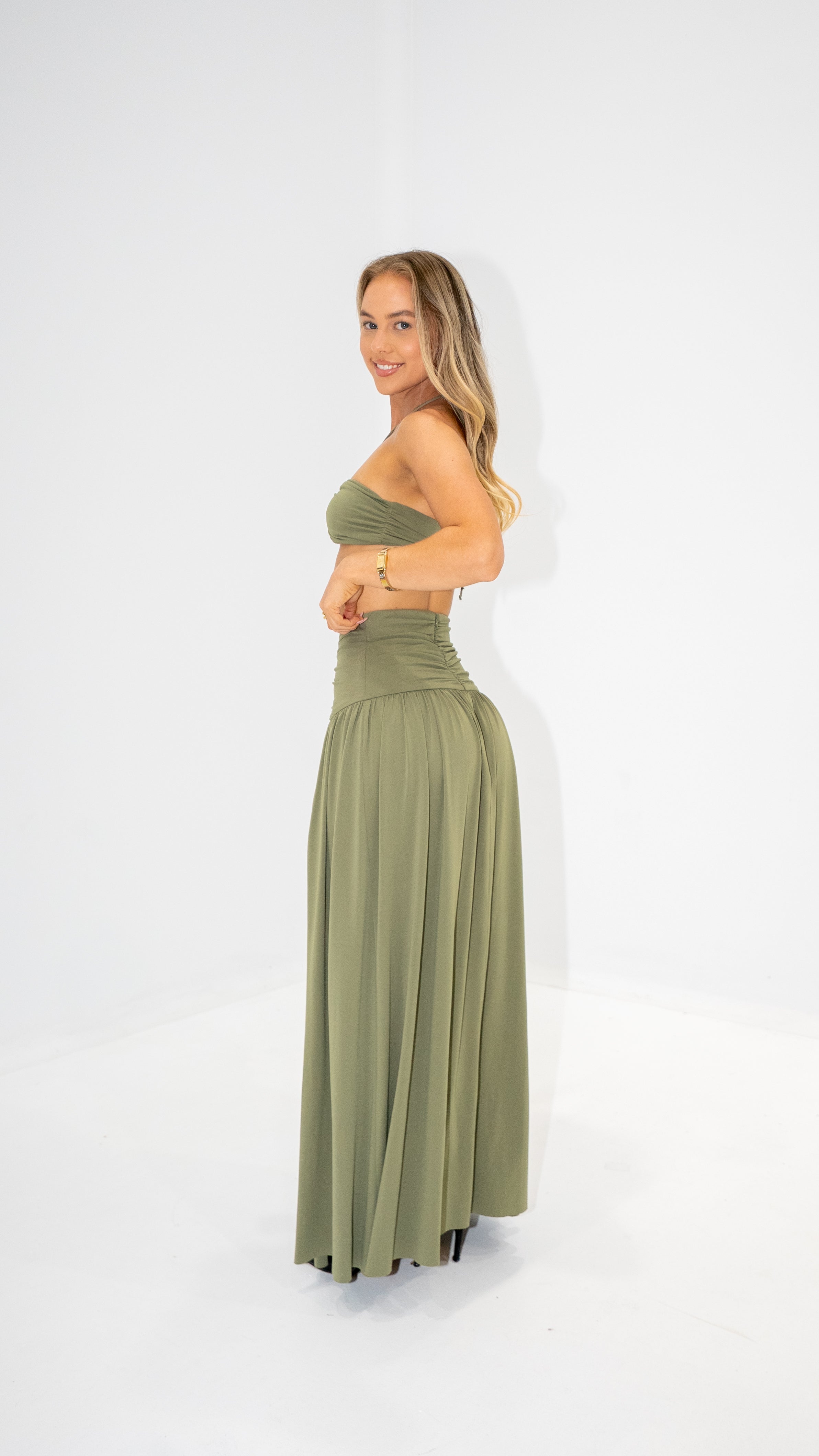 Bec & Bridge Vixen Bandeau and Maxi Skirt Set in Olive Green